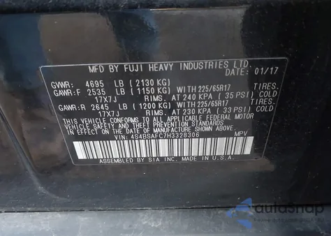 2017 Subaru Outback 2.5I Premium z USA, uszkodzony, nr VIN 4S4BSAFC7H3328306